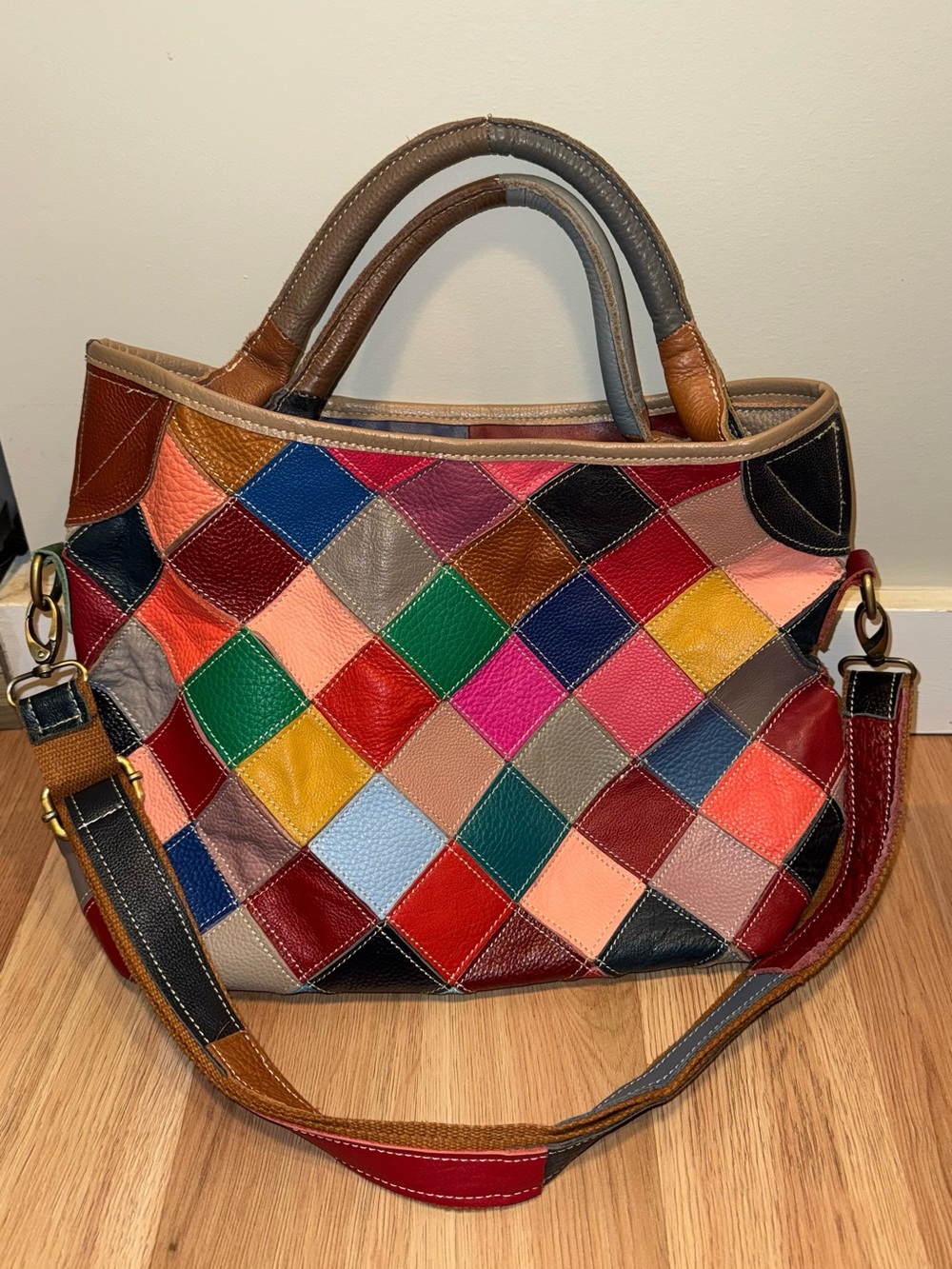 Heshe Multicolor Patchwork Leather Tote Bag - Vibrant Diamond Pattern